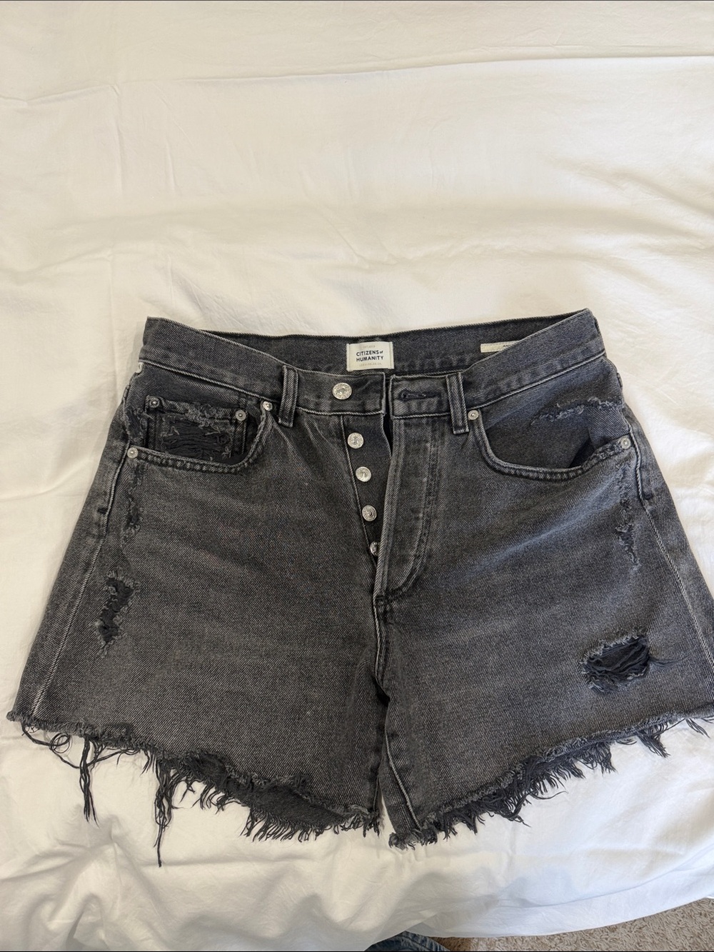 Citizens Of Humanity Washed Black Distressed Button-Fly Jean Shorts